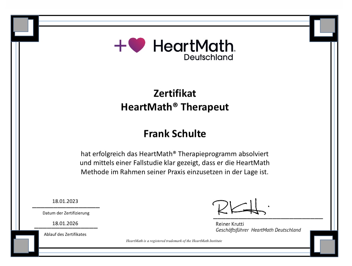 HearMath Zertifikat als Therapeut von Frank Schulte